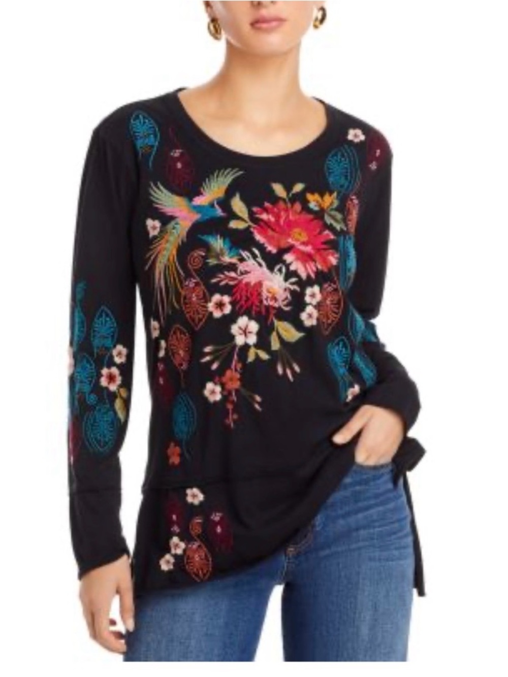 Johnny Was Black Embroidered Floral & Parrot Long-Sleeve Top Sz XS NWT